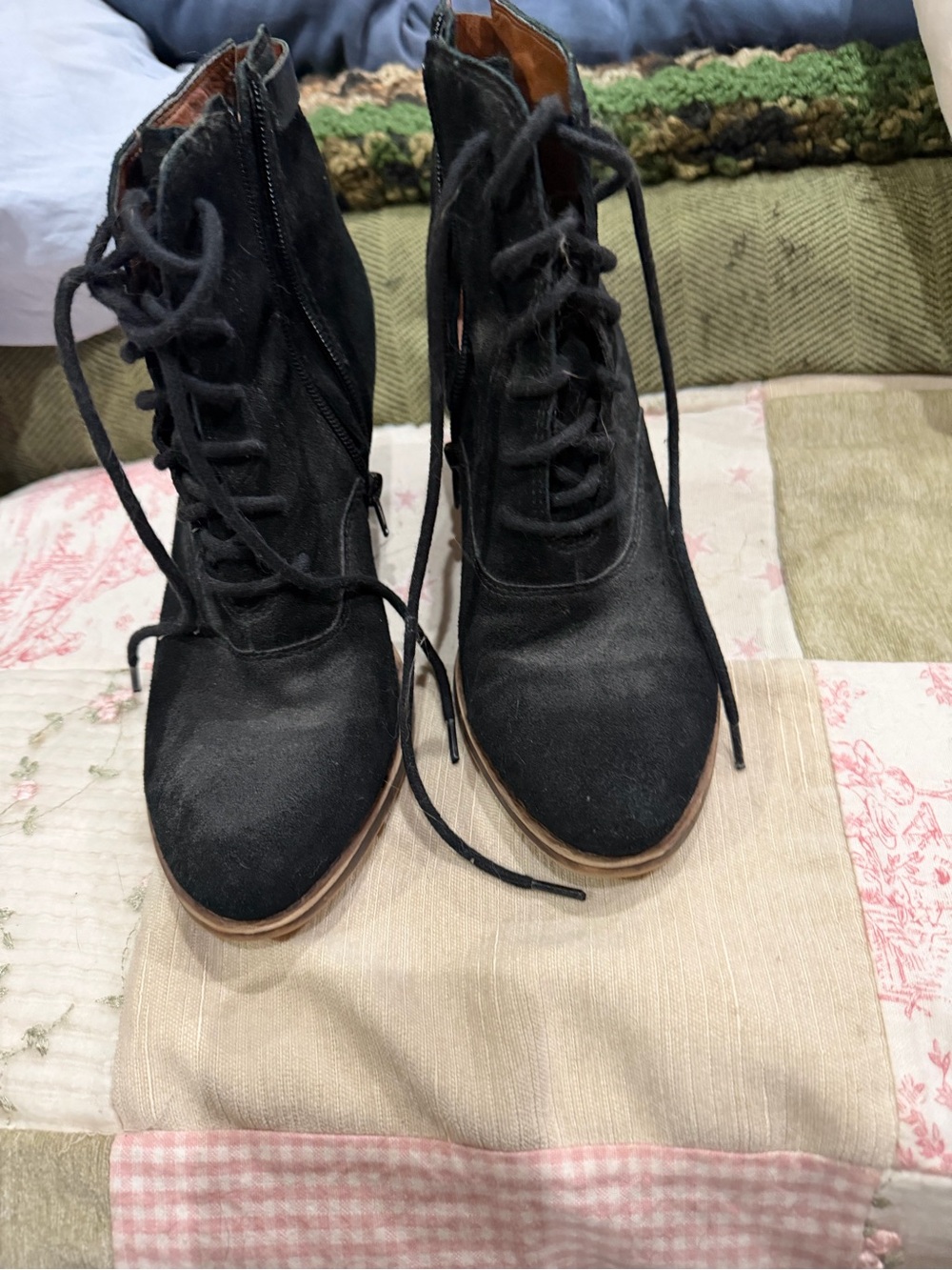 Lucky Brand Black Lace-Up Ankle Boots with Wood-Tone Sole